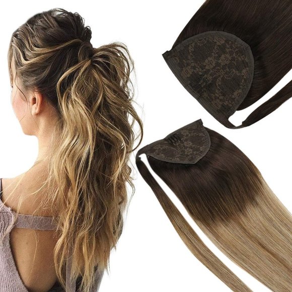 14" Human Hair Ponytail Extension Wrap Ombre Brown